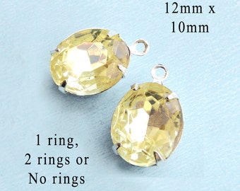 Jonquil yellow glass beads are 12x10mm oval rhinestones for pendants or glass connectors or earrings, 2 pc