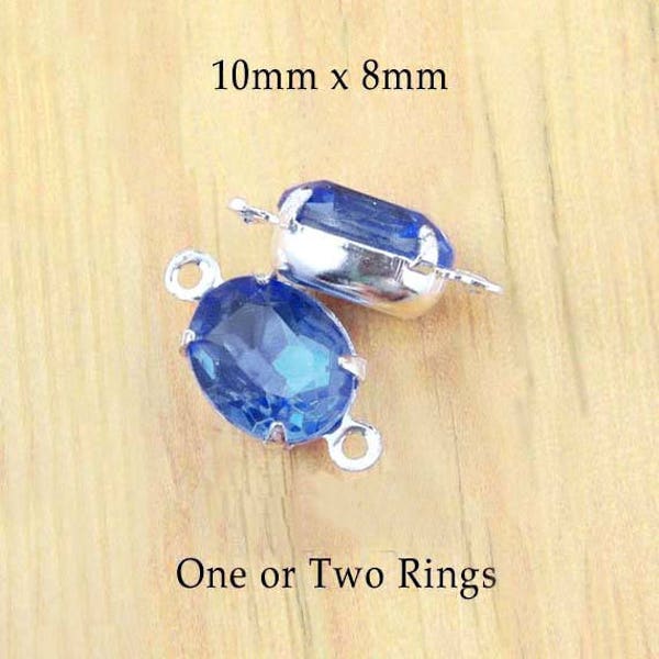 Vintage sapphire blue 10x8mm oval glass stones for tiny pendants, glass connectors or earrings, 2 pc