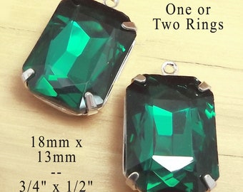 Emerald green glass octagons, 18x13mm rhinestone pendants, glass connectors or earrings, 2 pc