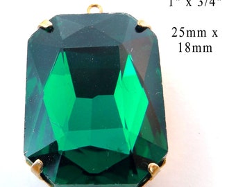 Emerald green 25x18mm glass octagon, rhinestone pendant is the May birthstone color