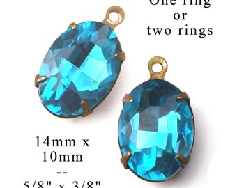 Aqua glass gems, 14x10mm oval rhinestone pendants, glass connectors or earrings, 2 pc