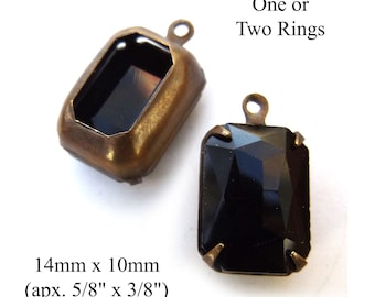 Black 14x10mm glass octagons for pendants or glass connectors or earrings, 2 pc, opaque jet black
