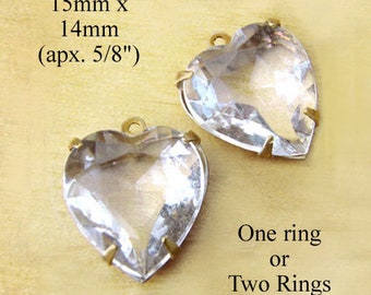 Crystal clear vintage glass heart pendants, glass connectors or earrings - 15mm x 14mm, 2 pc