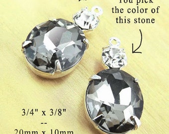 Black diamond oval glass gems in multi stone settings, 20x10mm rhinestone pendants or earrings, with 12x10mm gray oval gems, 2 pc