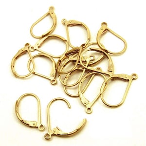 Gold plated brass leverback earwires, Ten pairs or 20 pieces per set