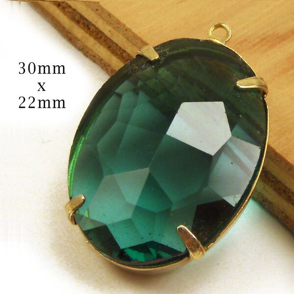 Emerald Green Pendant, Oval, Glass Bead, 30mm x 22mm, Golden Brass Setting, or Patina Brass Setting, Sheer, Rhinestone, Glass Gem