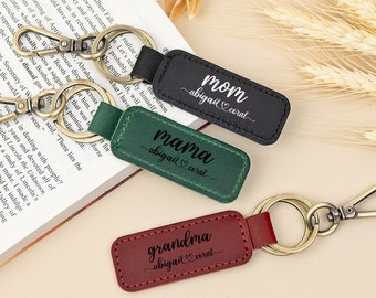 Personalized Mother Day Gift, Mom Mama Grandma Keychain, Custom Leather Key Fob with Children’s Names, Gift for Mom