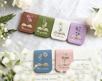 Personalized Magnetic Bookmark, Gift for Her, Birth Flower Leather Bookmark, Initials Bookmark, Reader Gift, Christmas Gift