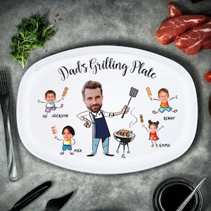 Personalized Daddy&#39;s Grilling Plate, Custom Face Grilling Platter with Kids Names, Father&#39;s Day Gift, Funny Gift for Dad from Kids