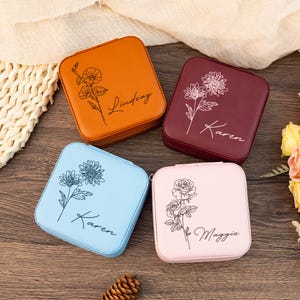 Personalized Travel Jewelry Box, Custom Birth Flower Jewelry Case, Bridesmaid Proposal Gifts, Gifts for Her, Jewelry Organizer, Party Favors