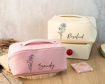 Leather Name Makeup Bag, Large Capacity Cosmetic Bag, Christmas Gift Women, Bridesmaid Gifts, Makeup Organizer, Bridal Shower Gift