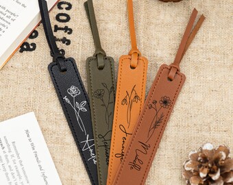 Personalized Leather Bookmark, Custom Birth Month Flower Bookmark with Name for Book Lover Gift, Gifts For Teacher, Aesthetic Bookmark