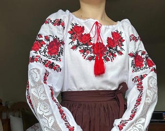 Ukrainian Vyshyvanka flowers, colorful roses Ukrainian Traditional Embroidery Blouse Embroidered Blouse for Women on a white Homespun Cloth