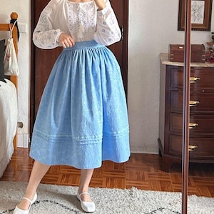 Traditional vintage style folk skirt, skirt handmade high waist Slavic skirt Clothing Ethnic Folk Midi Handmade Folded Skirt Light blue