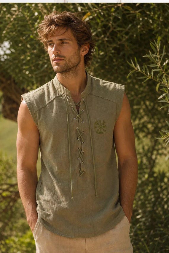 Men’s cotton Viking Shirt, Sleeveless Medieval Tunic, Rustic Lace Up Top, Nordic Warrior Clothing, Renaissance Festival Styl
