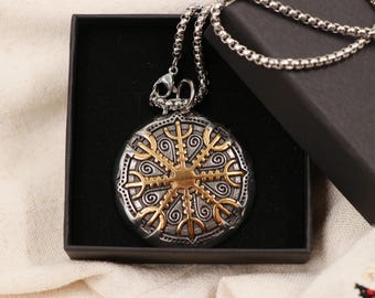 Viking Compass Vegvisir pendant, Runic Compass necklace, Viking Symbol pendant jewelry, Viking Compass jewelry Gift Mjolnir + Box two sides