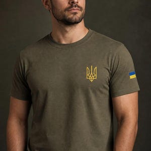 Ukrainsk trident-t-shirt för män, Ukraina-supporttröja, militärgrön grafisk t-shirt, patriotiska ukrainska kläder, unisex bomullst-shirt