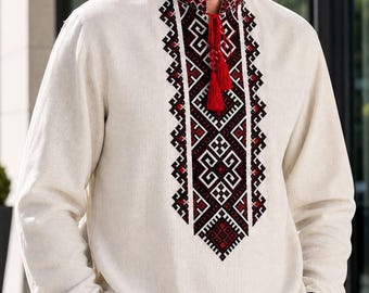 Camisa ucraniana Vyshyvanka bordada para hombre | Camisa tradicional de lino bordada | Bordado folclórico ucraniano | Camisa étnica bohemia para hombre