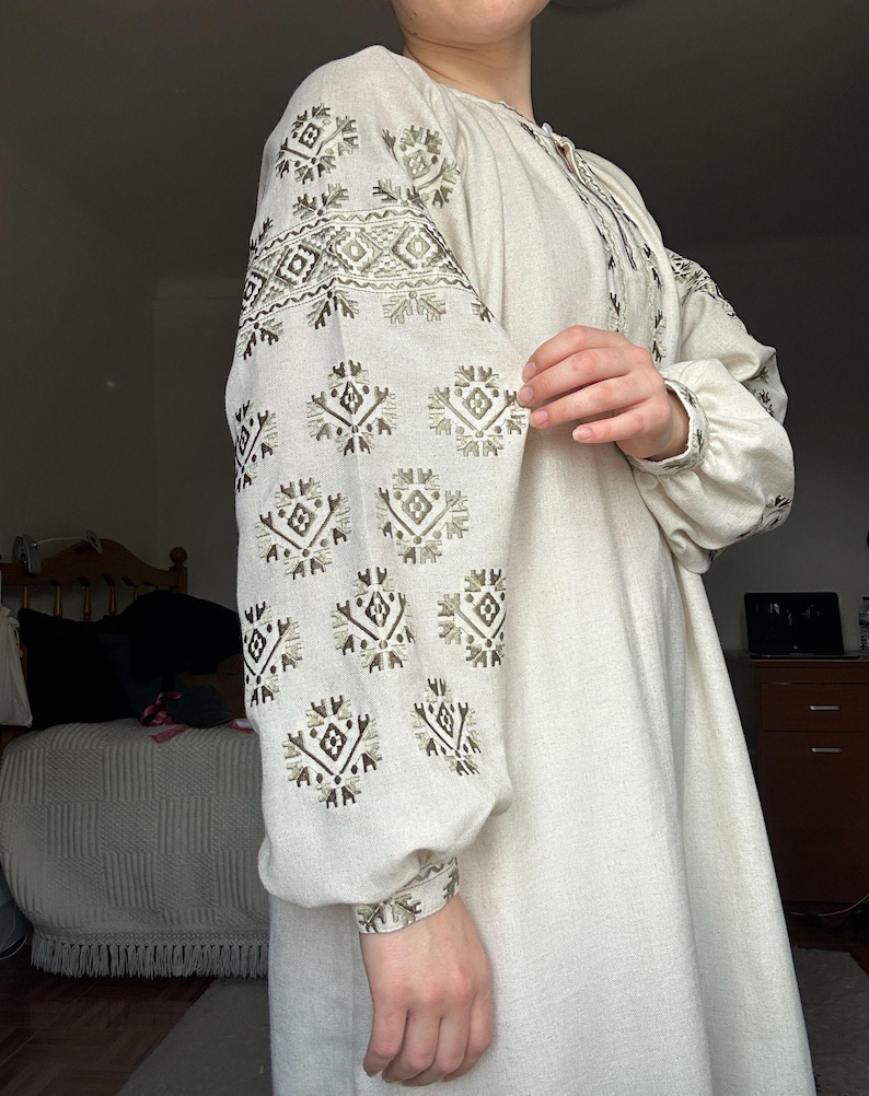 Ukrainian blouse long vyshyvanka,Vyshyvanka,peasant blouse,Ukrainian style,embroidered green shirt ethnic style  clothing, clothing linen