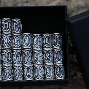 Viking Runes Set Beard Beads 24 pcs LOT Futhark Runes Hair Bead Beard Ring, Asatru, Viking Jewelry Norse Dreadlocks Large Hole + Box