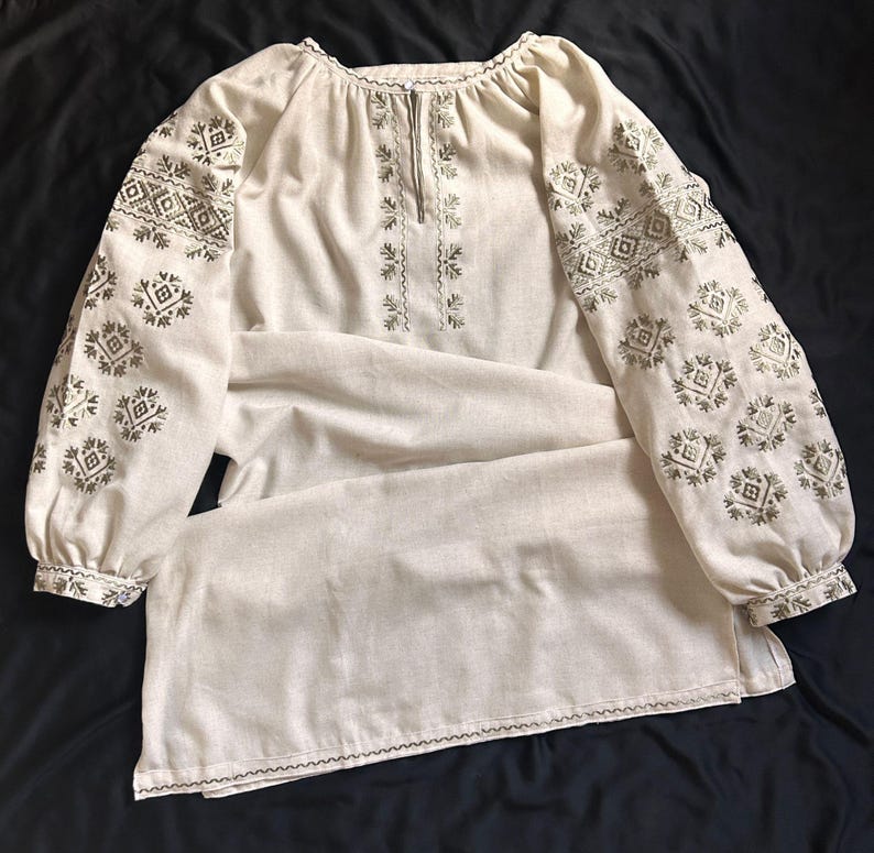 Ukrainian blouse long vyshyvanka,Vyshyvanka,peasant blouse,Ukrainian style,embroidered green shirt ethnic style  clothing, clothing linen