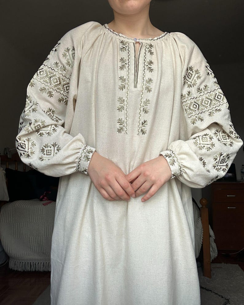 Ukrainian blouse long vyshyvanka,Vyshyvanka,peasant blouse,Ukrainian style,embroidered green shirt ethnic style  clothing, clothing linen