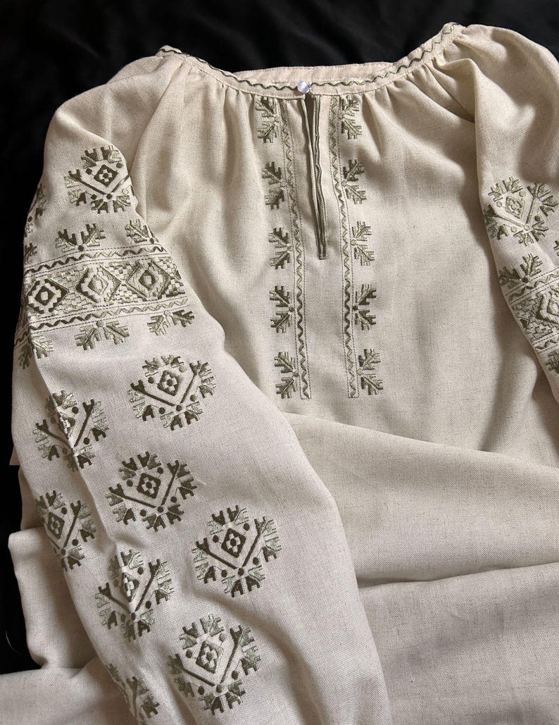 Ukrainian blouse long vyshyvanka,Vyshyvanka,peasant blouse,Ukrainian style,embroidered green shirt ethnic style  clothing, clothing linen