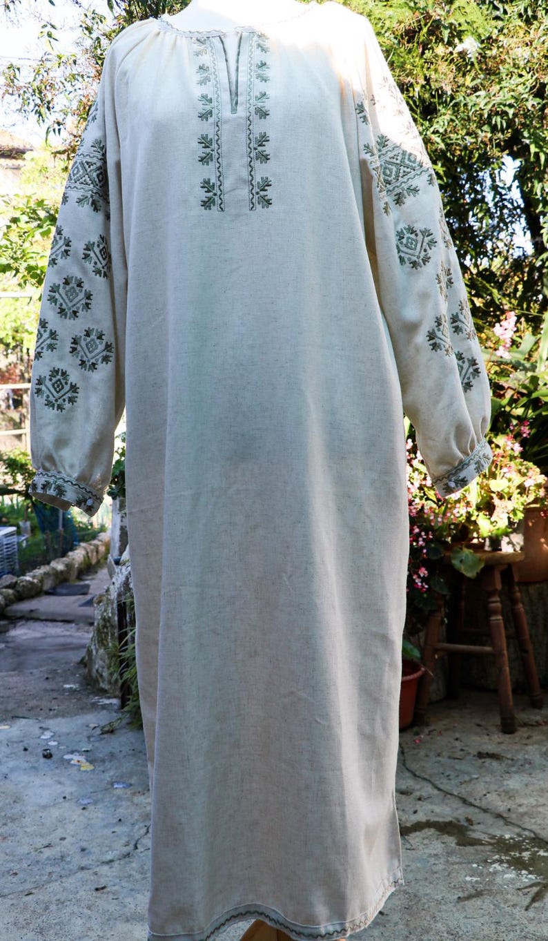 Ukrainian blouse long vyshyvanka,Vyshyvanka,peasant blouse,Ukrainian style,embroidered green shirt ethnic style  clothing, clothing linen