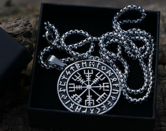 Viking Compass Vegvisir pendant, Runic Compass necklace, Viking Symbol pendant jewelry, Viking Compass jewelry, Gift Mjolnir + Box