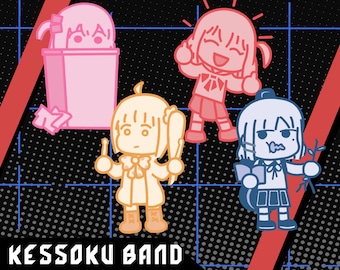 May include: Four cartoon characters, each with a different color scheme and design, are shown against a black and red background. The characters are all female and are wearing different outfits. The text "KESSOKU BAND" is at the bottom of the image.