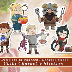 May include: Set of five cartoon character stickers featuring a female elf, a male warrior, a male knight, a female cat-like creature, and a male chef. The stickers are printed on white paper with a glossy finish. The stickers are part of a series called "Delicious in Dungeon / Dungeon Meshi Chibi Character Stickers".