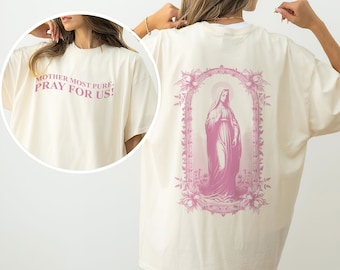 Camiseta com estampa da Virgem Maria em ambos os lados, Camiseta da Mãe Maria, Camiseta "Rogai por nós Nossa Senhora de Guadalupe", Camiseta religiosa, Presente católico