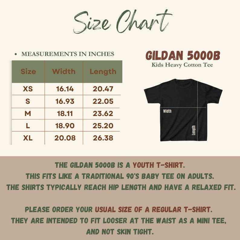 May include: Size chart for a Gildan 5000B Kids Heavy Cotton Tee. Measurements in inches are listed for sizes XS to XL, including width and length. The chart also includes a black t-shirt graphic with width and length indicators.