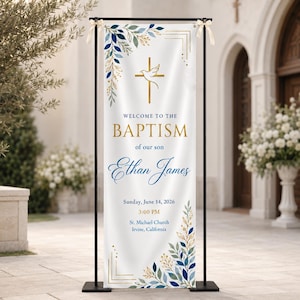 Pode incluir: Um banner vertical branco de batismo com uma cruz dourada, uma pomba branca, folhas azuis e douradas, e o texto: Welcome to the Baptism of our son Ethan James, Sunday, June 14, 2026, 3:00 PM, St. Michael Church, Irvine, California.