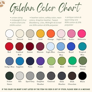 May include: A color chart for Gildan apparel, featuring a variety of solid, heather, and antique colors. The chart includes colors like white, red, navy, and black, with details on fabric composition and sizing.