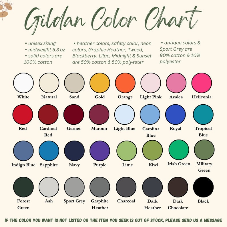 May include: A color chart for Gildan apparel, featuring a variety of solid, heather, and antique colors. The chart includes colors like white, red, navy, and black, with details on fabric composition and sizing.