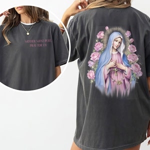 Camisa de Nuestra Señora de Guadalupe de 2 lados, camisas de la Madre María, ruega por nosotros camiseta de la Santísima Virgen María, regalos católicos para ella