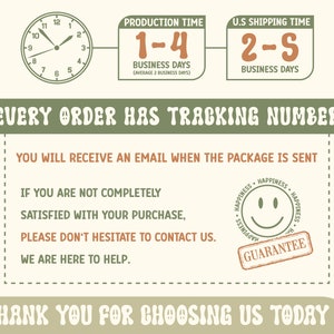 May include: An image with text that includes a clock, production time, and U.S. shipping time. The text states that every order has a tracking number and that you will receive an email when the package is sent. It also includes a guarantee and thanks the customer.