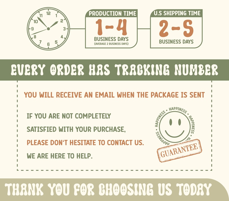 May include: An image with text that includes a clock, production time, and U.S. shipping time. The text states that every order has a tracking number and that you will receive an email when the package is sent. It also includes a guarantee and thanks the customer.