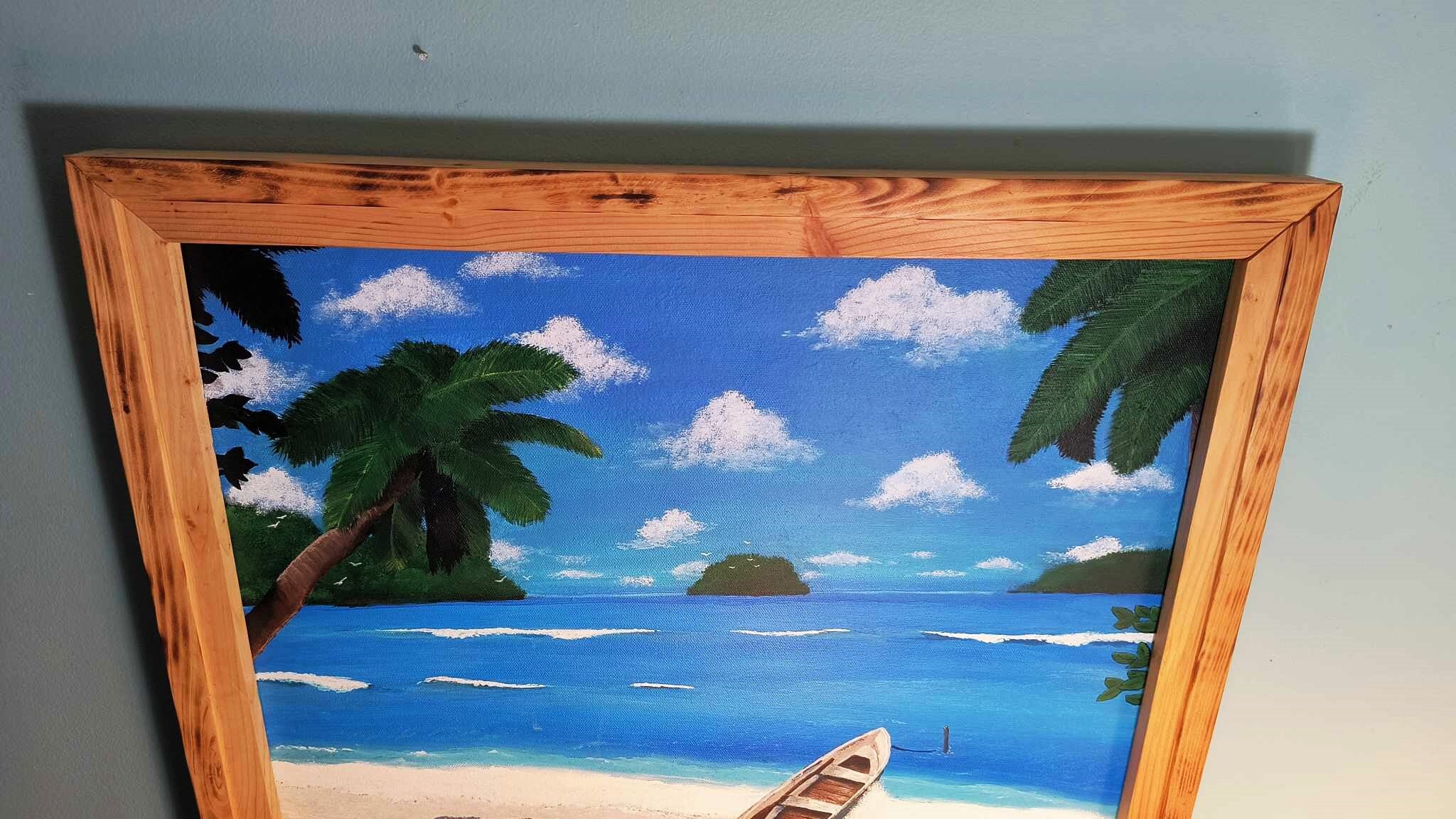 Framed Woodburn Painting of Waves and Palm Trees on Acrylic Canvas