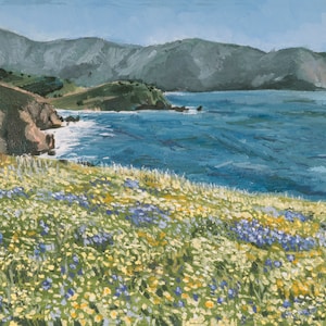 May include: A painting of a coastal landscape with a field of wildflowers in the foreground. The flowers are a mix of yellow and blue, and the field slopes down to a blue ocean. In the distance, there are green hills and a blue sky.