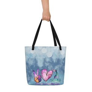 Peace Love Mermainds All-Over Print Large Tote Bag