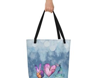 Peace Love Sirenas Bolsa de tela grande con estampado integral