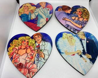 Barbie & Ken Set Of 4 Heart Coasters/Retro/Drinkware/Gift For Her/Gift For Him/Gift For Them/Cartoon/80’s