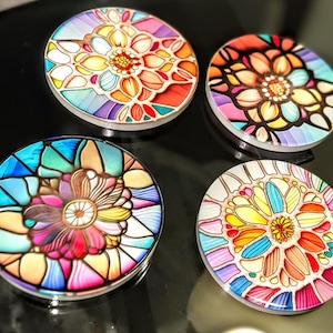 Set of 4 Ceramic Mandala Coasters, Faux Stained Glass Drink Mat, Boho Floral Art
