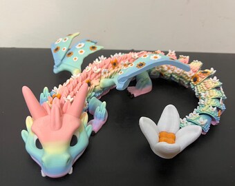 Colorful Articulated Dragon Sculpture | Spring Floral Design | 3D Printed Decor