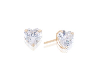 14k Solid Gold Heart CZ Earrings, 5mm, 6mm, Cubic Zirconia Diamond Studs, 14k push backs, Yellow Gold, Genuine Gold, Women&#39;s Earrings