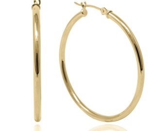 14K Gold Hoop Earrings, 2mm Thickness, 14mm, 16mm, 25mm, 30mm, 34mm Outer diameter, Yellow Gold, Genuine Gold, Minimalist
