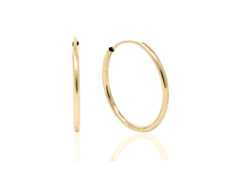 14K Gold Endless Hoop Earrings, 1.2 mm thickness, 10mm, 12mm, 18mm, 21mm Outer diameter, Yellow Gold, Genuine Gold, Cartilage