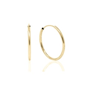 14K Gold Endless Hoop Earrings, 1.2 mm thickness, 10mm, 12mm, 18mm, 21mm Outer diameter, Yellow Gold, Genuine Gold, Cartilage